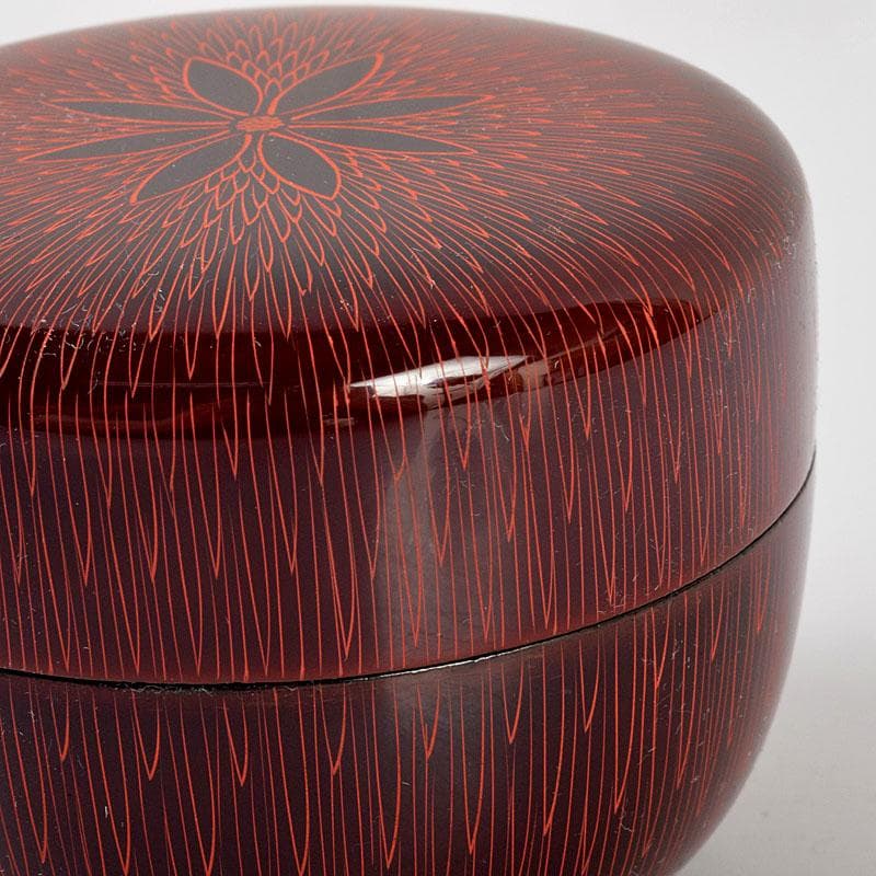 茶道具　中村湖彩作　朱菊毛彫　平棗　共布共箱　V　8641