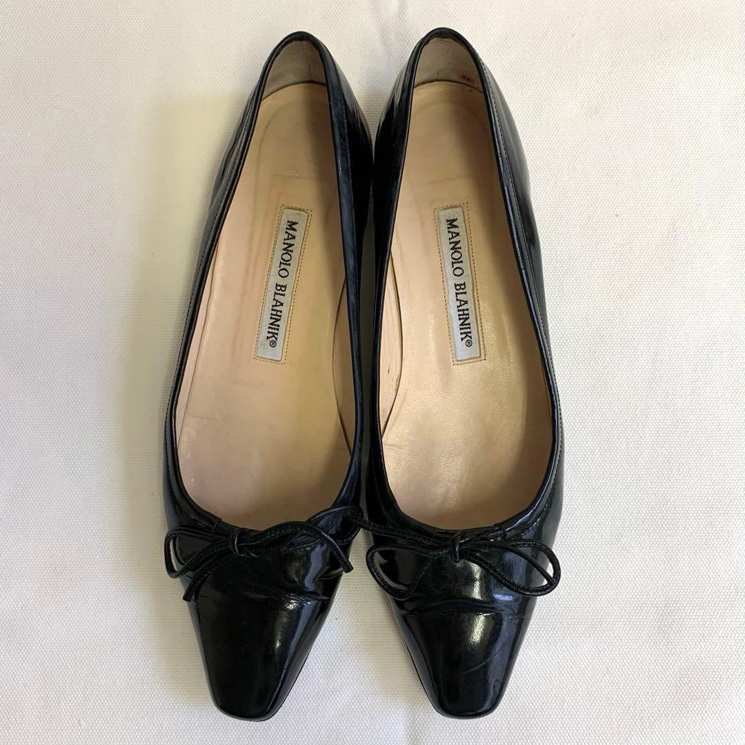 マノロブラニク ポインテッドトゥ リボン バレエシューズ フラット ブラック