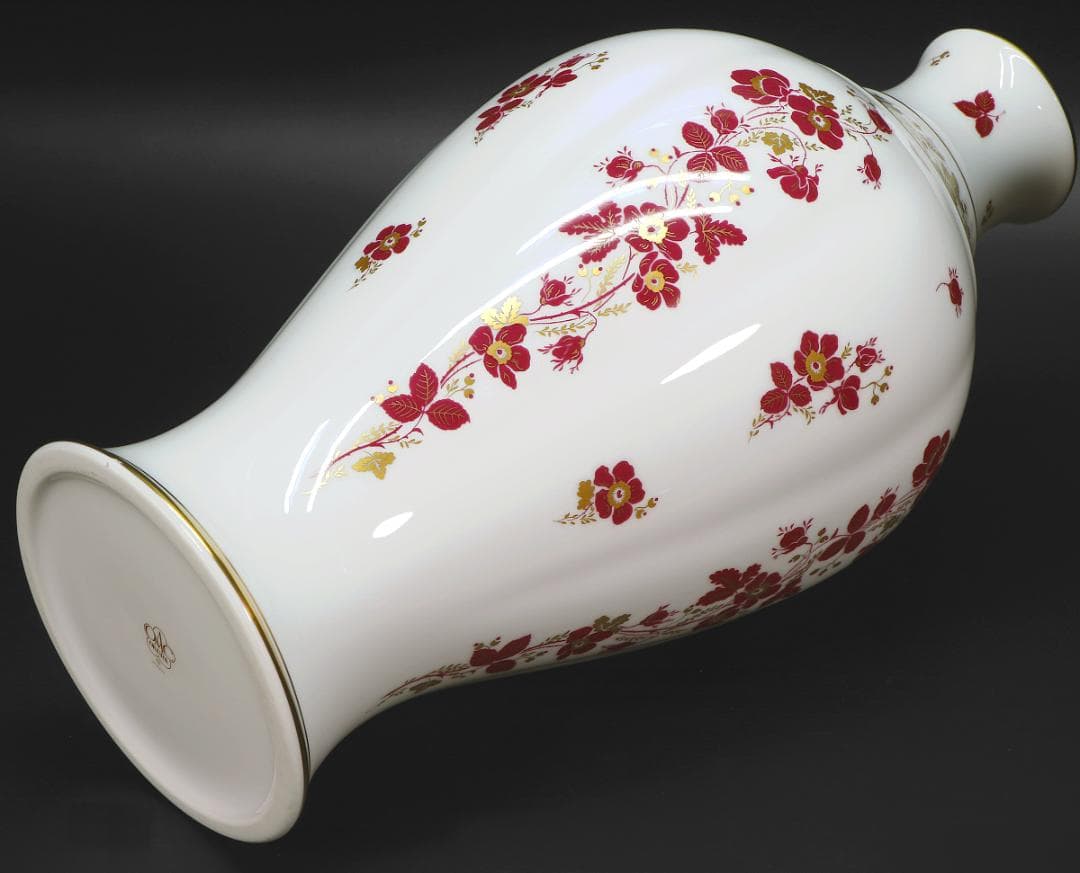 ★大倉陶園 大花瓶 35.5cm 金彩と赤い花 フラワーベース 陶磁器 陶器 壷