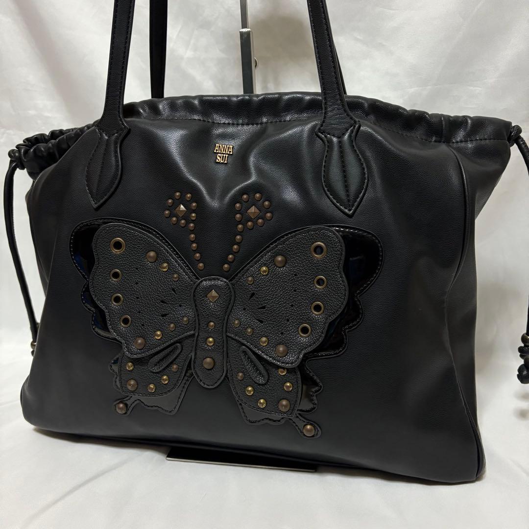 【希少】アナスイ ロッティ バタフライ スタッズ ブラック レザー トートバッグ