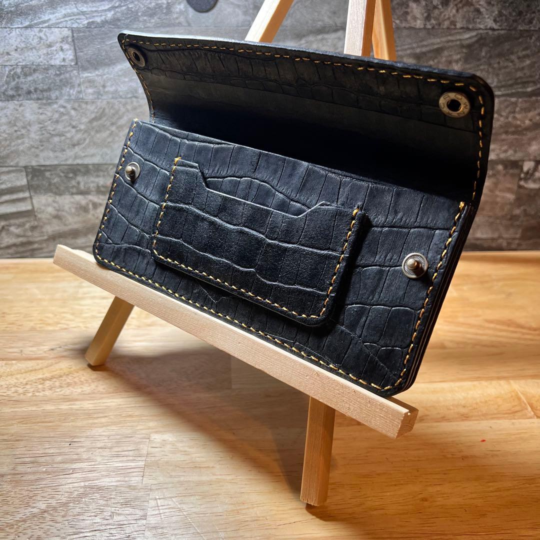 【本革•総手縫】テンダーロインインスパイア ロングトラッカーウォレット クロコ黒