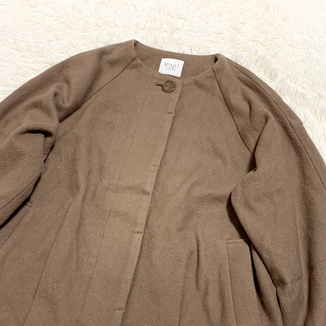 【大人気】yuni ノーカラージャケット　ウール　ブラウン　ドロップショルダー