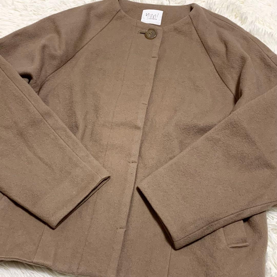 【大人気】yuni ノーカラージャケット　ウール　ブラウン　ドロップショルダー