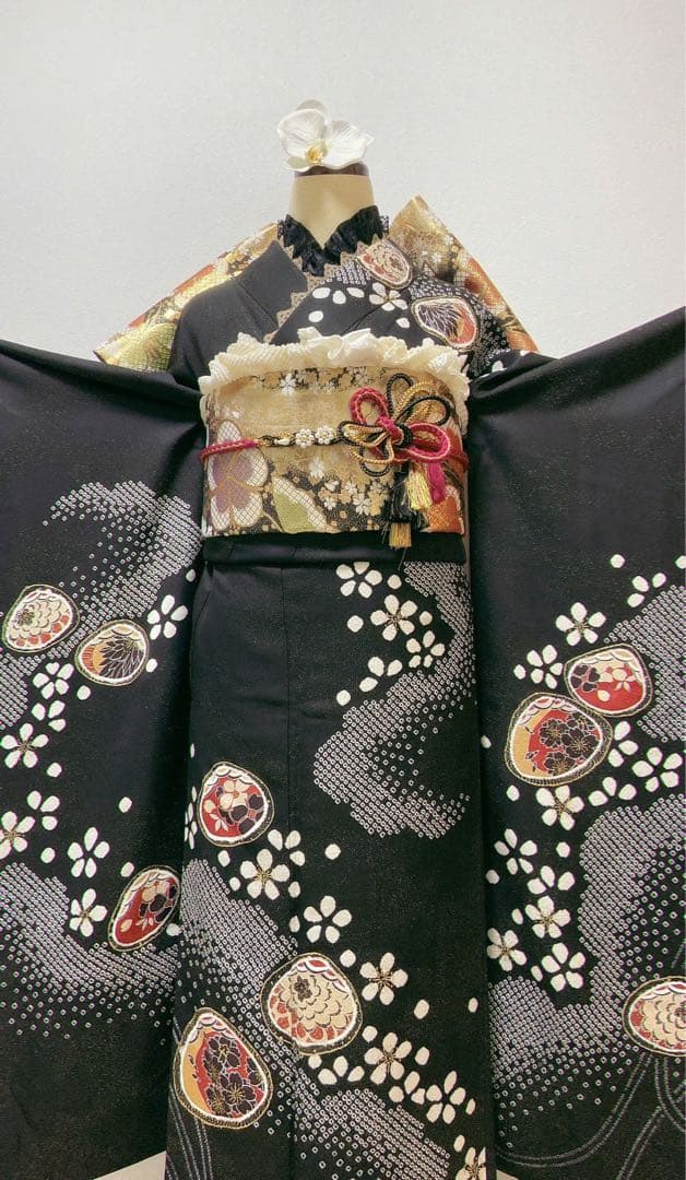 美品　振袖フルセット　黒　絞り　正絹 成人式　振袖6点セット