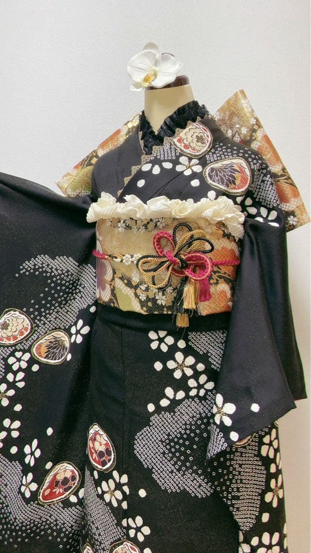 美品　振袖フルセット　黒　絞り　正絹 成人式　振袖6点セット