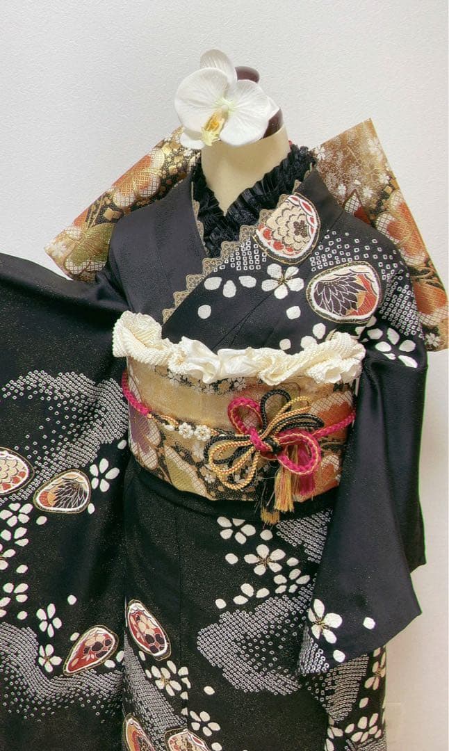 美品　振袖フルセット　黒　絞り　正絹 成人式　振袖6点セット