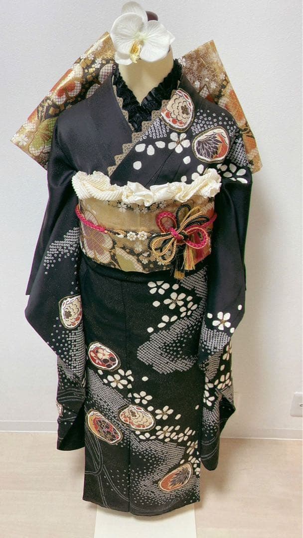 美品　振袖フルセット　黒　絞り　正絹 成人式　振袖6点セット