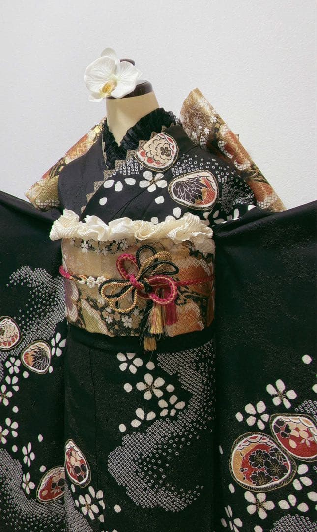 美品　振袖フルセット　黒　絞り　正絹 成人式　振袖6点セット