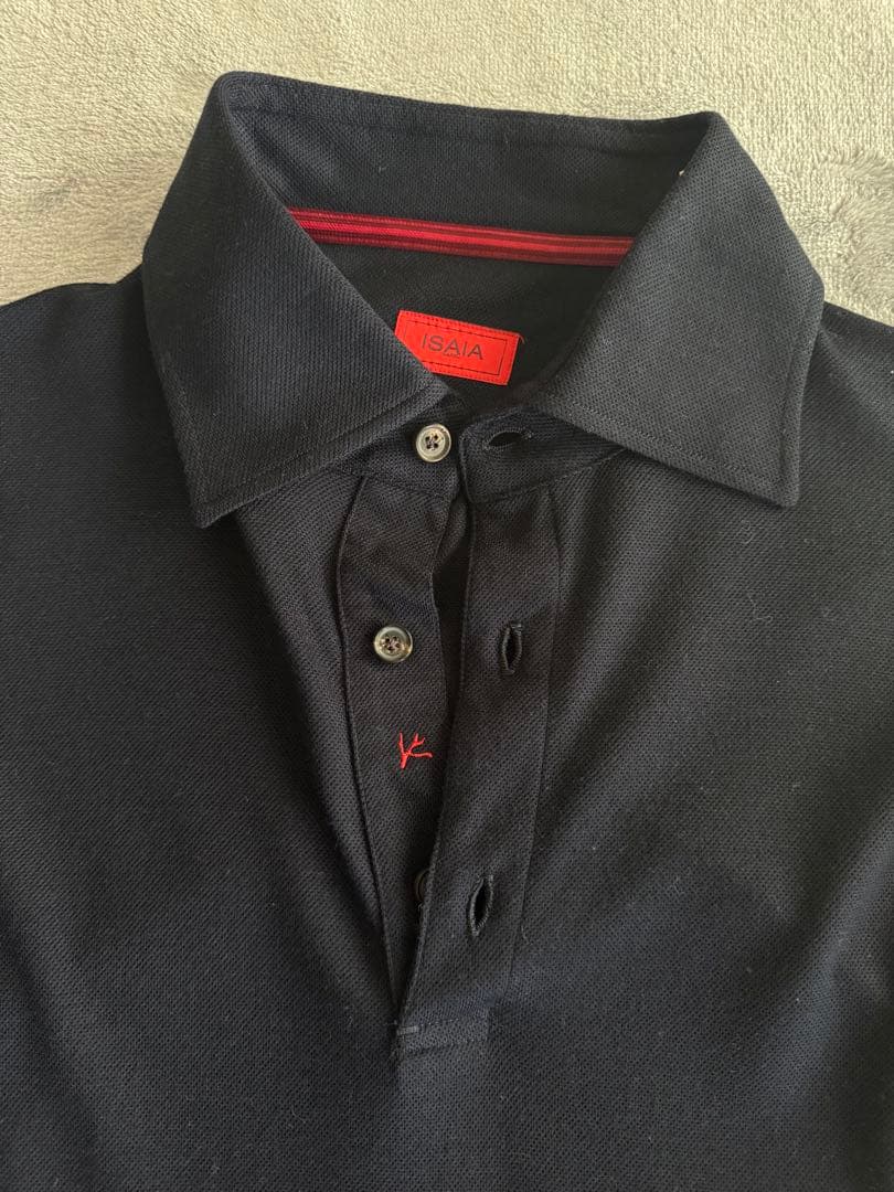 イザイア　ネイビー　ウール素材　長袖ポロシャツ　M