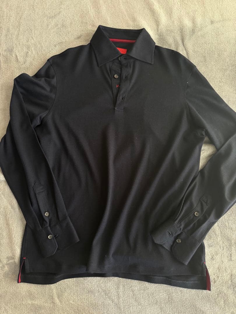 イザイア　ネイビー　ウール素材　長袖ポロシャツ　M