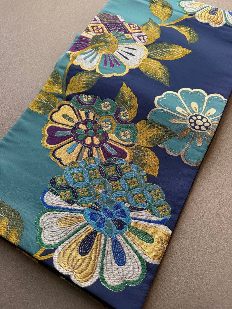 袋帯　ブルー　花