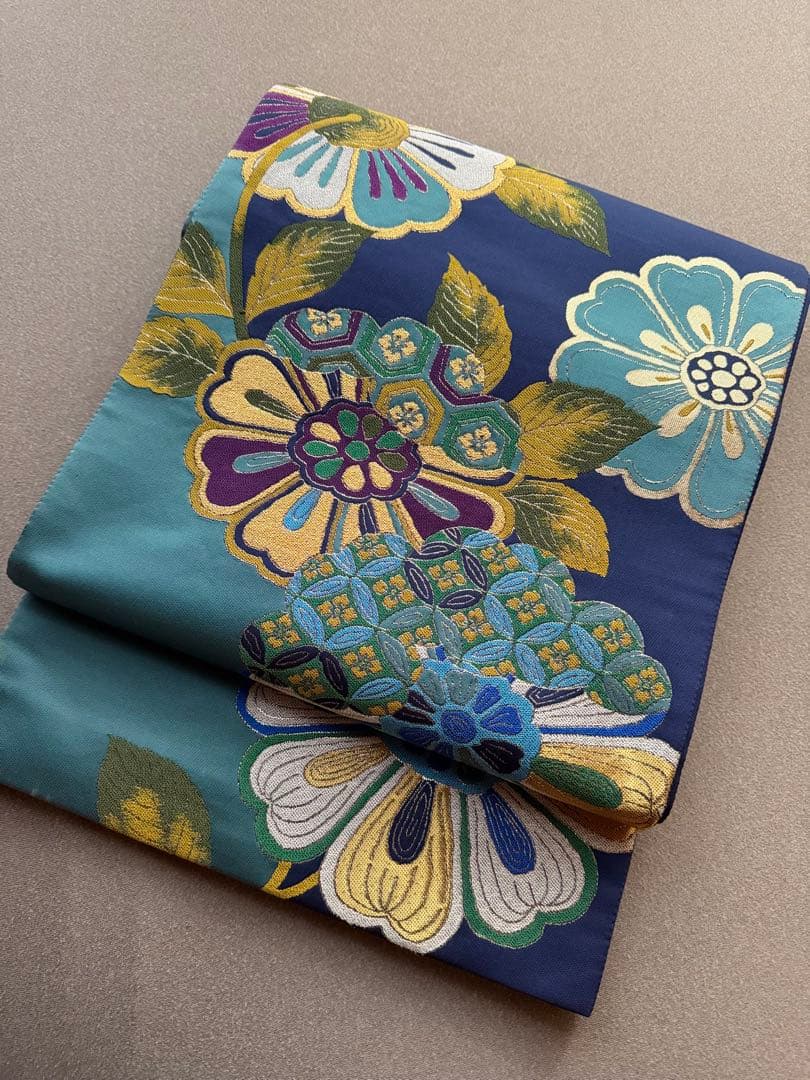 袋帯　ブルー　花