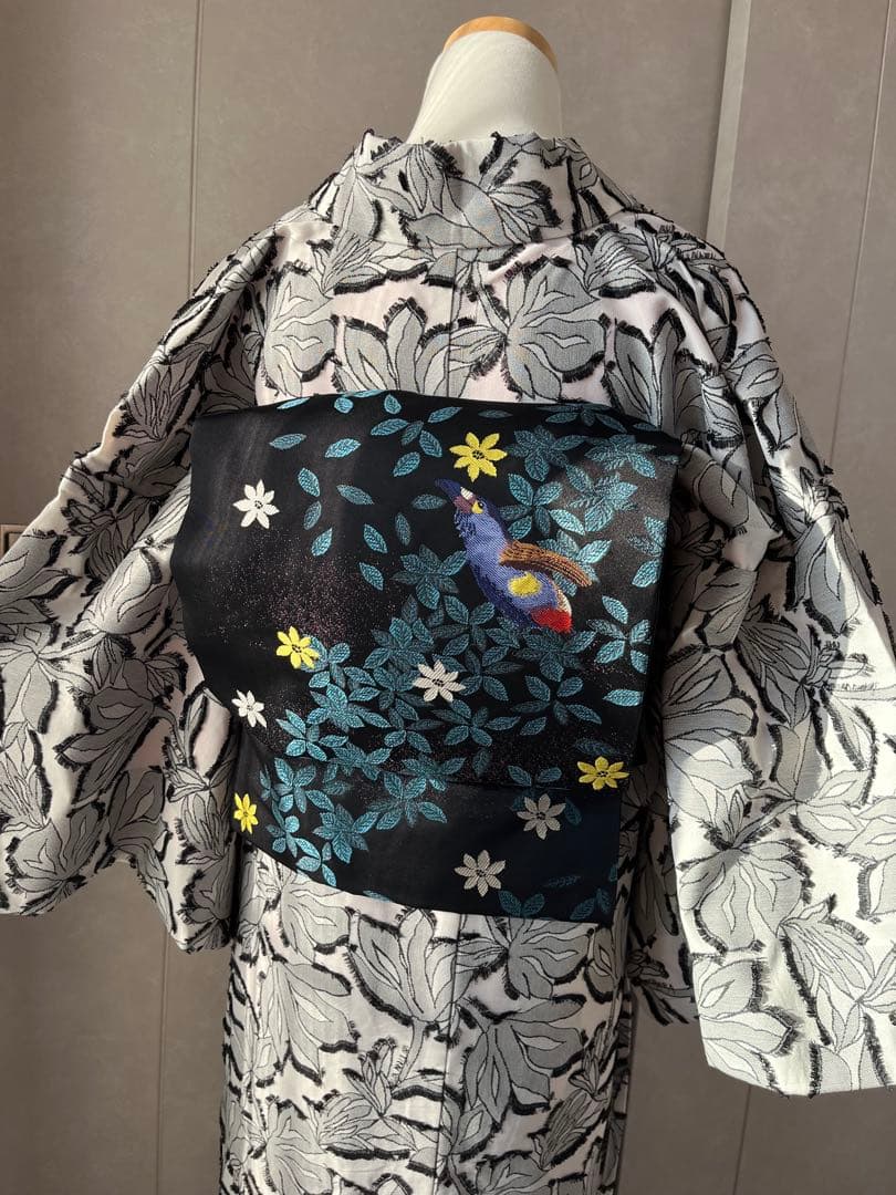 名古屋帯 鳥と花 黒