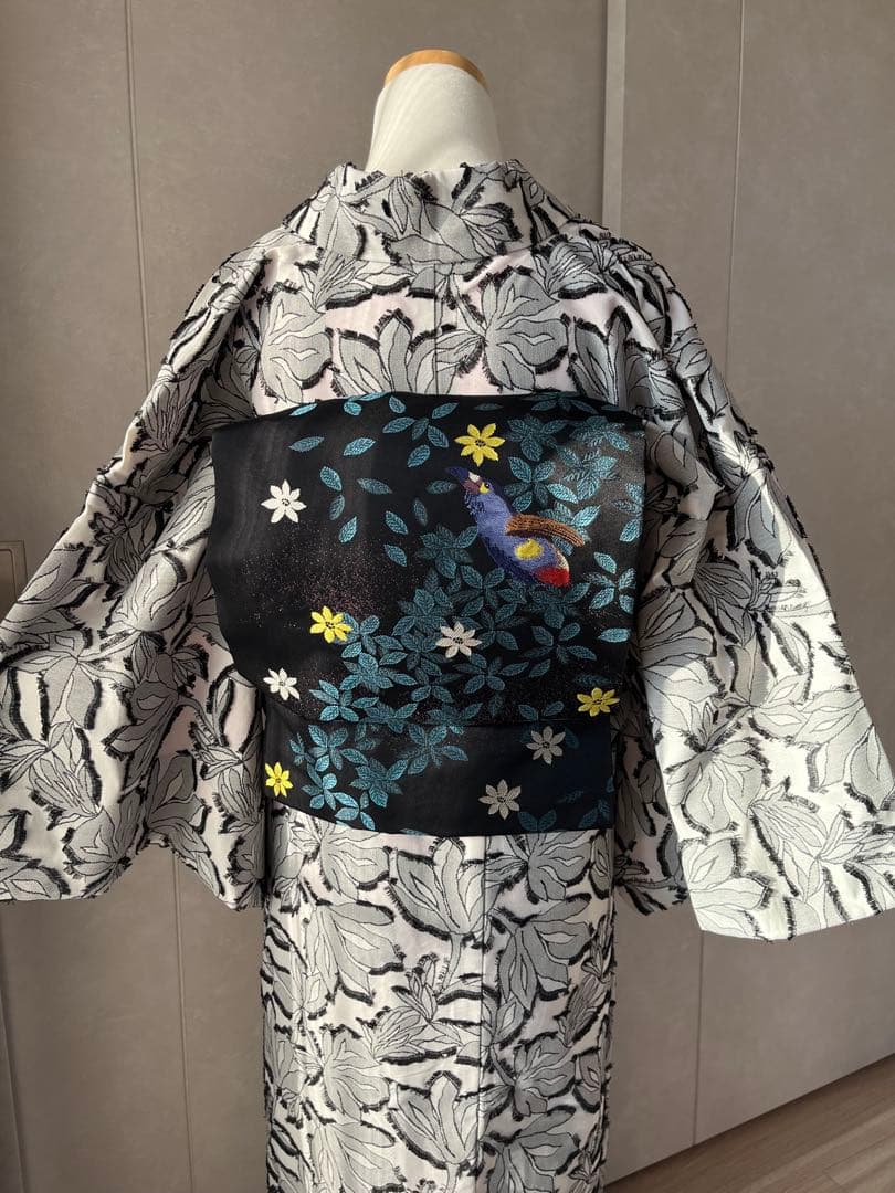 名古屋帯 鳥と花 黒