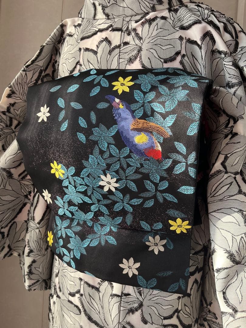 名古屋帯 鳥と花 黒