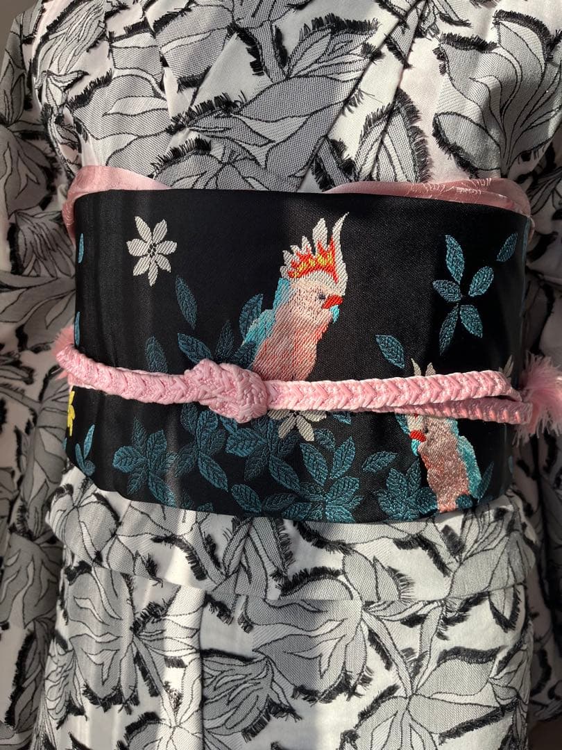 名古屋帯 鳥と花 黒