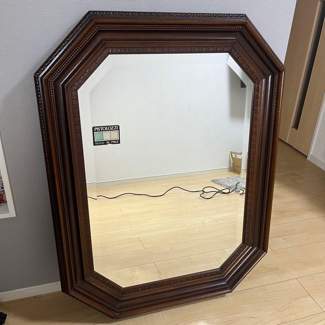 イタリア製 鏡 八角形 木製フレーム スタンドミラー 88cm 大型