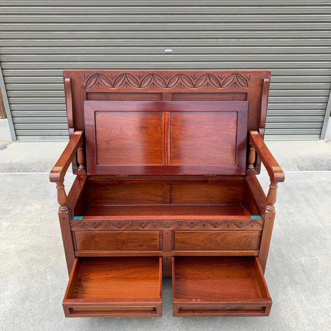 民藝家具　テーブル兼用ベンチ　座面下収納・引出し付き