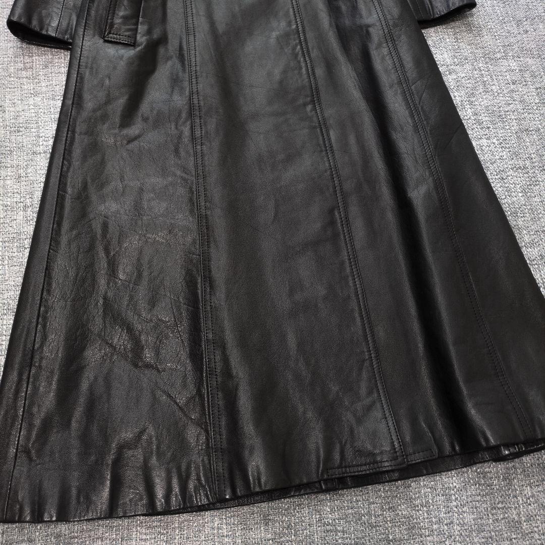 牛革　レディース　ベルト付き　レザーコート　ロング丈　ブラック