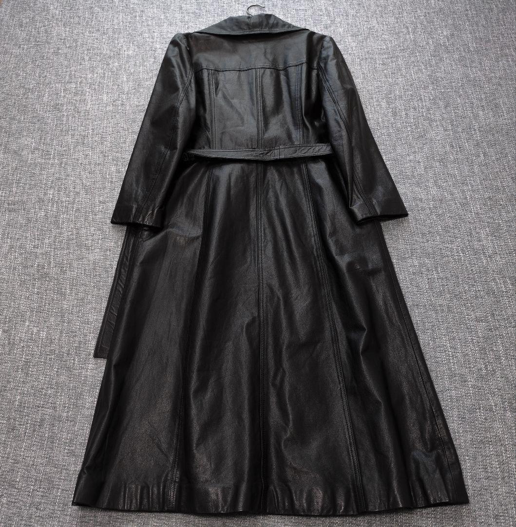 牛革　レディース　ベルト付き　レザーコート　ロング丈　ブラック