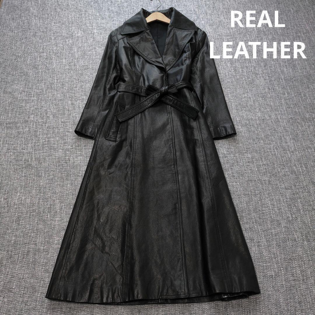 牛革　レディース　ベルト付き　レザーコート　ロング丈　ブラック