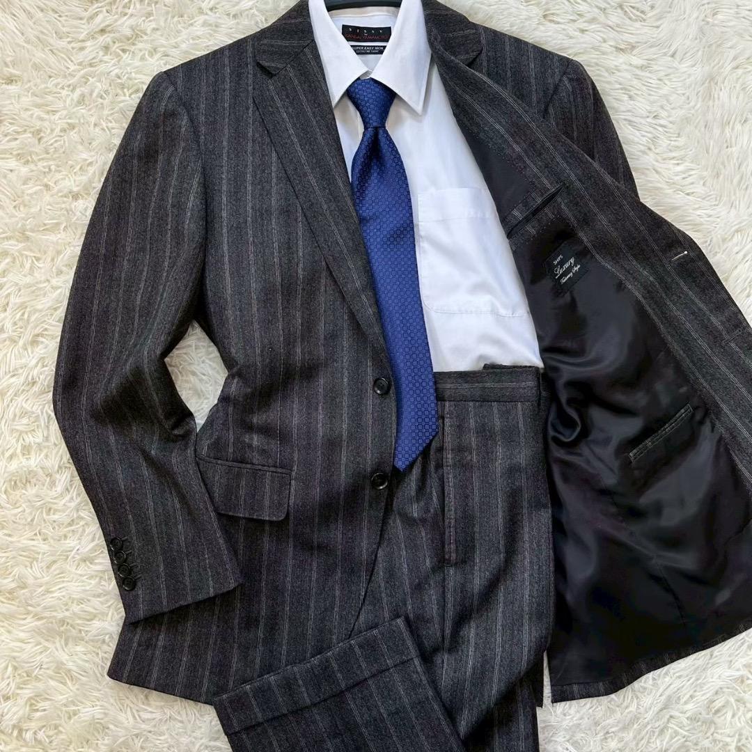 美品✨SHIPS 高級生地ゼニア ストライプ スーツ 総裏 本切羽 48 L相当