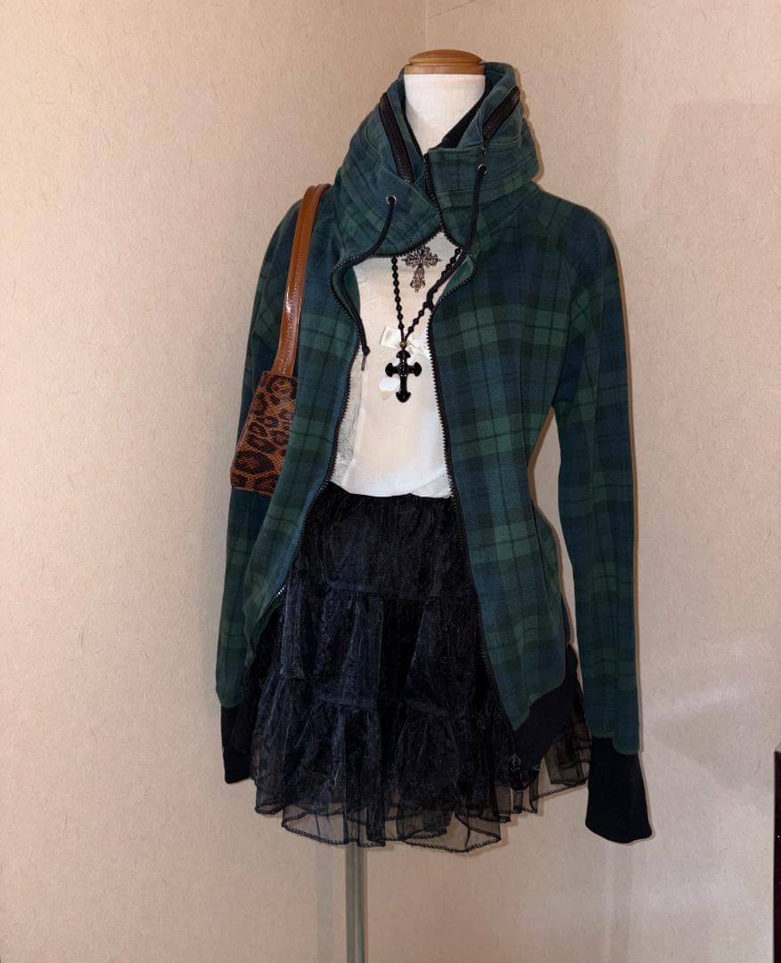 平成ギャル y2k 緑チェック ハイネック Wジップ フェアリーグランジ ロック