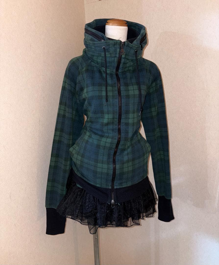 平成ギャル y2k 緑チェック ハイネック Wジップ フェアリーグランジ ロック