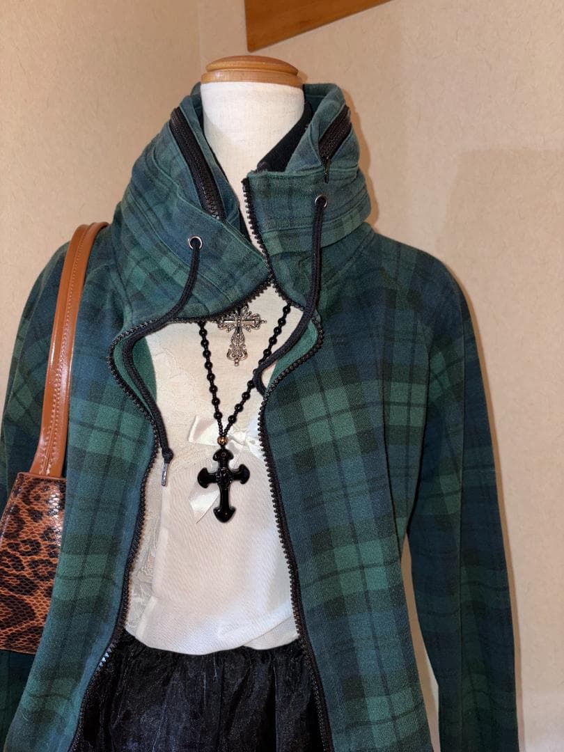 平成ギャル y2k 緑チェック ハイネック Wジップ フェアリーグランジ ロック