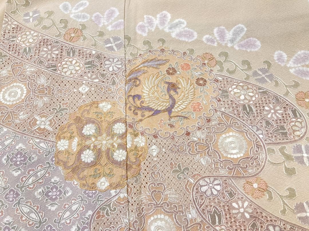 汕頭 蘇州 相良 総刺繍 中国三大 訪問着 袷 正絹 ベージュ クリーム1393