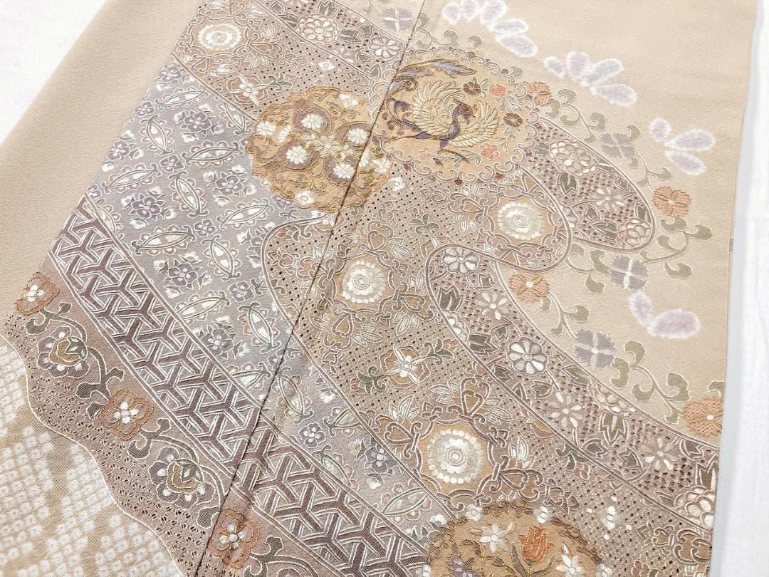 汕頭 蘇州 相良 総刺繍 中国三大 訪問着 袷 正絹 ベージュ クリーム1393