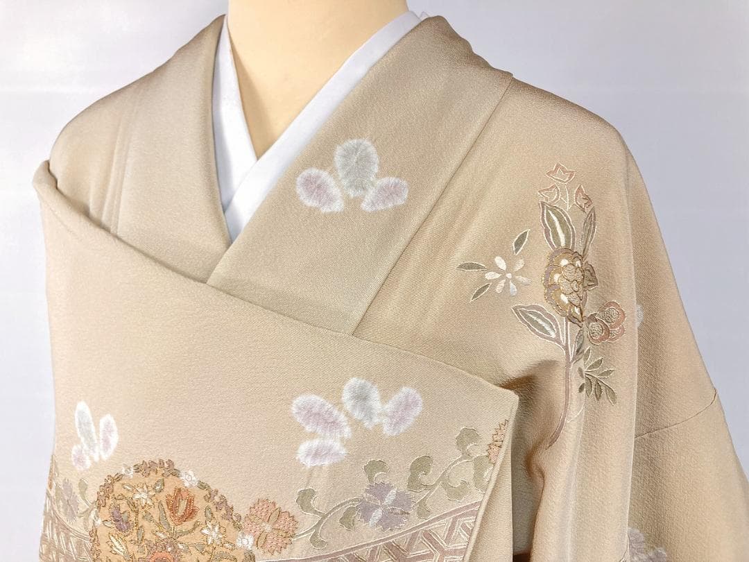 汕頭 蘇州 相良 総刺繍 中国三大 訪問着 袷 正絹 ベージュ クリーム1393