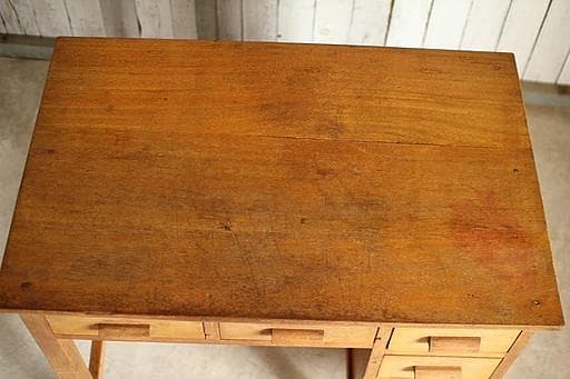 古い木製の片袖机　小引き出し6杯　ワークデスク　作業台　引き出し　古家具