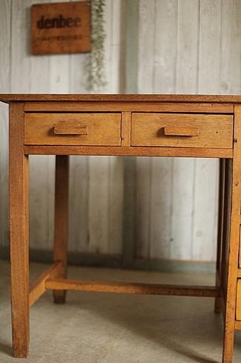 古い木製の片袖机　小引き出し6杯　ワークデスク　作業台　引き出し　古家具