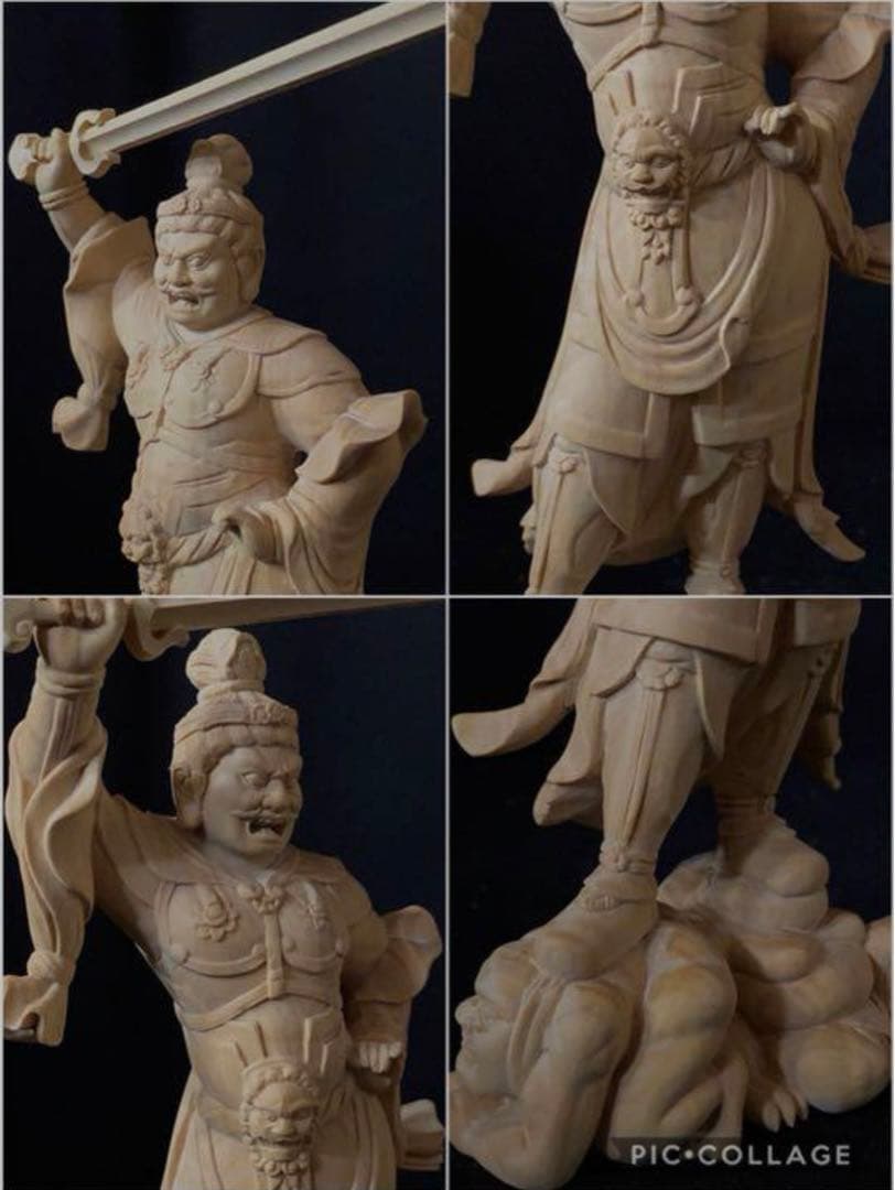 井波彫刻　仏教工芸品　総柘植材　木彫仏像　仏師手仕上げ品　四天王立像一式