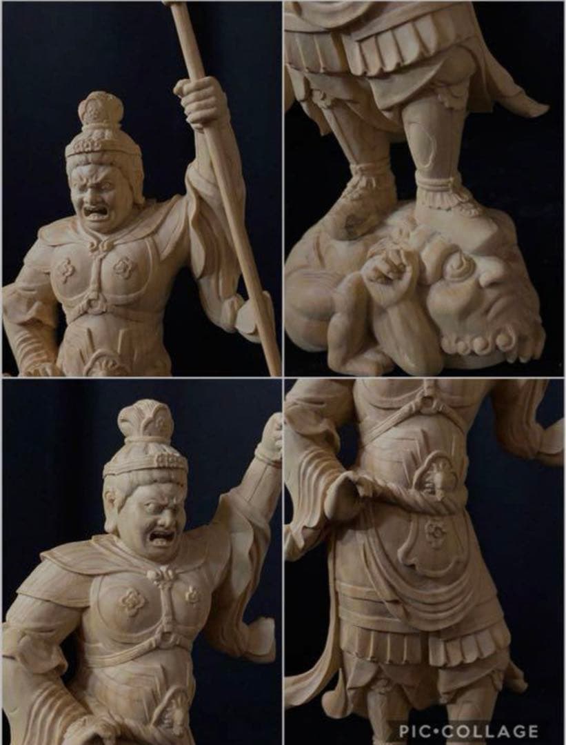 井波彫刻　仏教工芸品　総柘植材　木彫仏像　仏師手仕上げ品　四天王立像一式