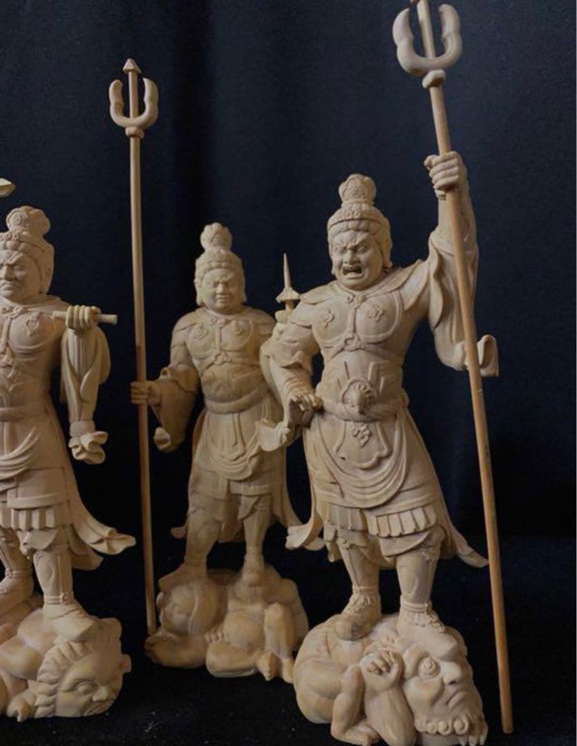 井波彫刻　仏教工芸品　総柘植材　木彫仏像　仏師手仕上げ品　四天王立像一式