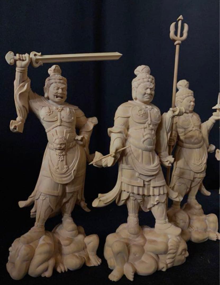 井波彫刻　仏教工芸品　総柘植材　木彫仏像　仏師手仕上げ品　四天王立像一式
