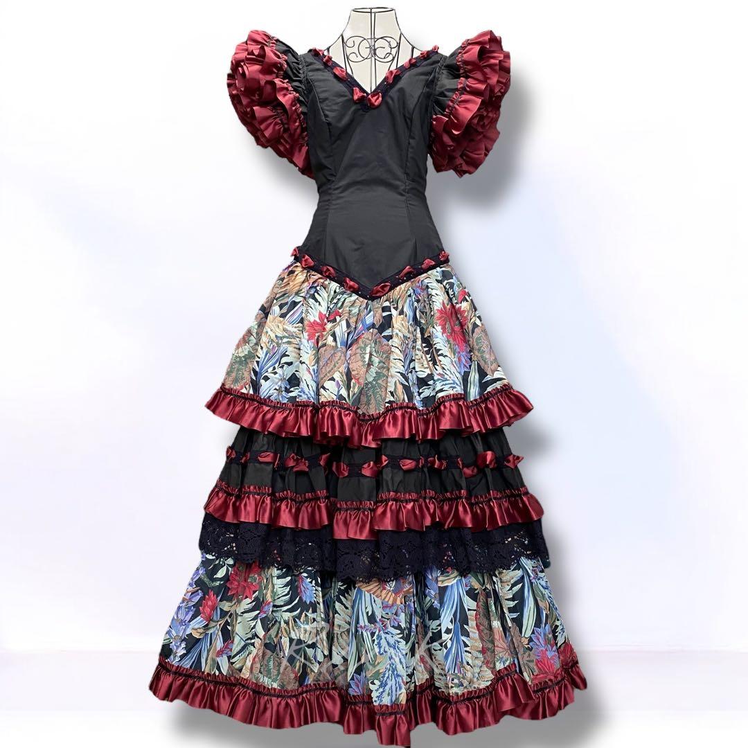 【スペイン製】高級 フラメンコ 衣装 ドレス ワンピース フリル リボン 黒 赤