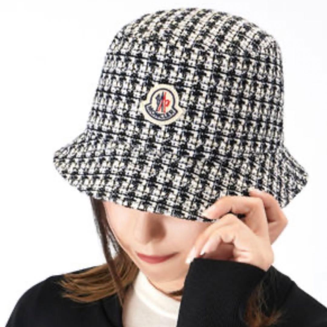 【未使用級】モンクレール　2023SS　ツイード　バケットハット　ロゴワッペン