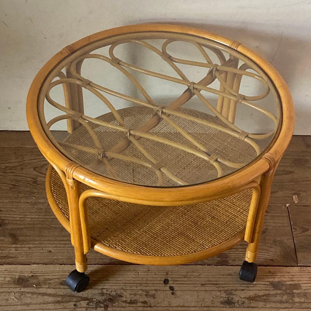 ヴィンテージラタン ガラス サイド テーブル ローテーブル