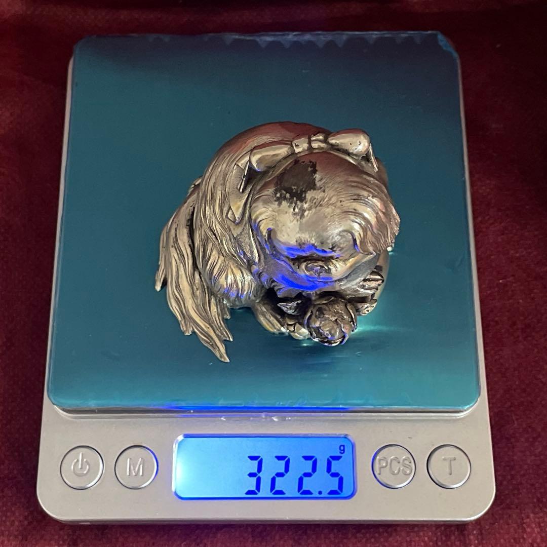 リ*ル様 銀　置物　桐箱付き　正園 作　狆 （チン）　刻印あり 約322.5g