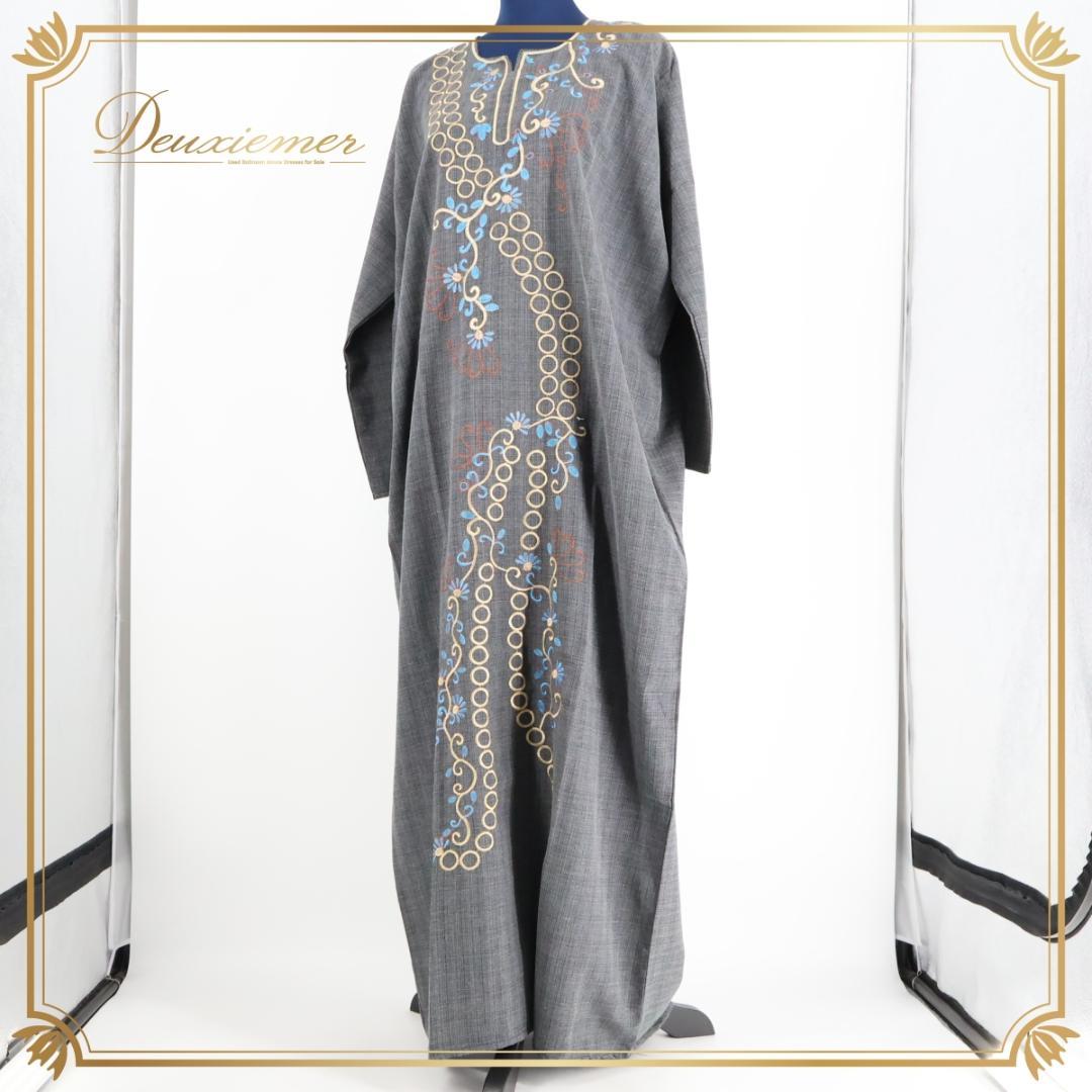 【ベリーダンス用衣装】ダークグレー ガラベーヤ ワンピース ドレス 鼠色 黒 花