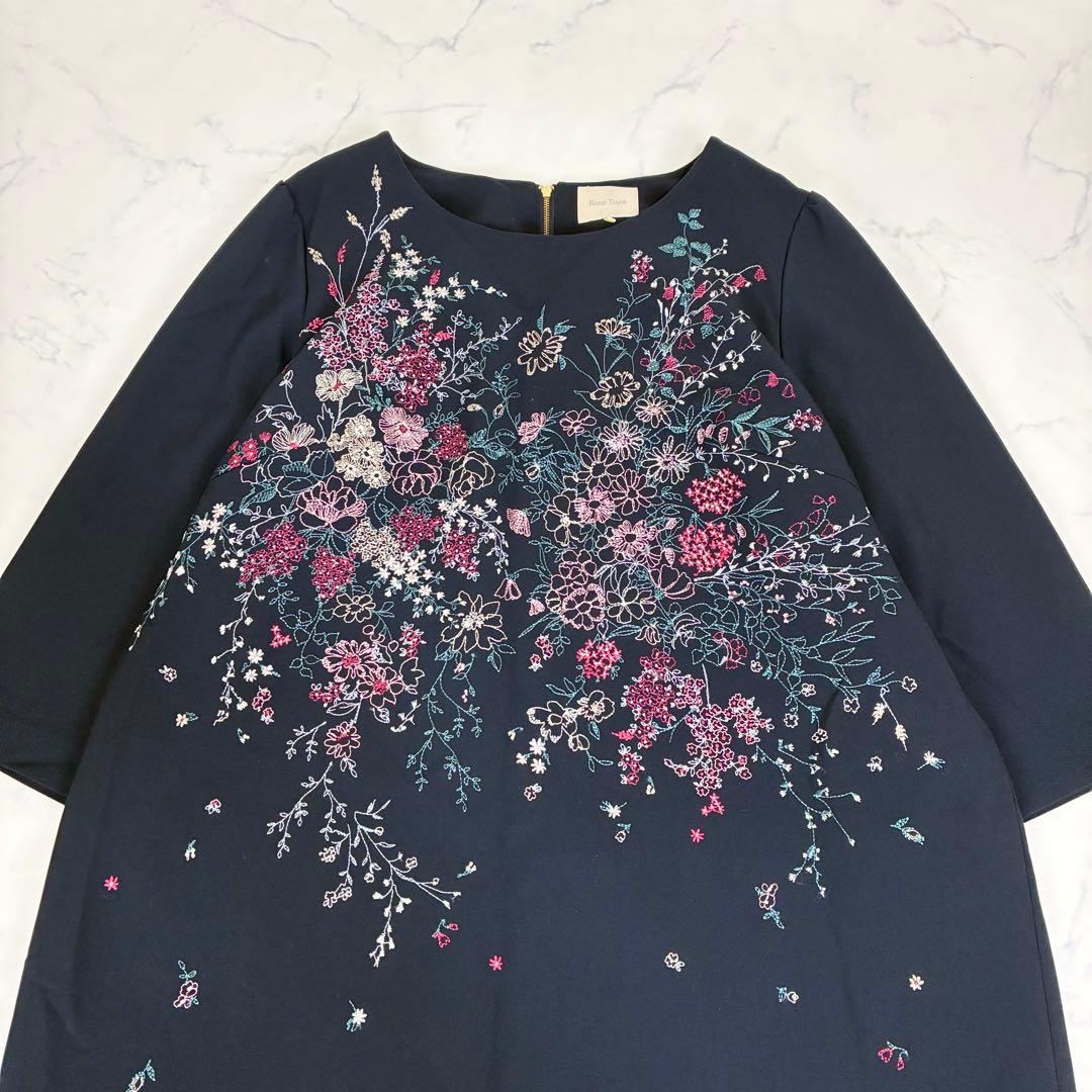 ローズティアラ　フラワー刺繍ワンピース　花柄　ネイビー　大きいサイズ 46