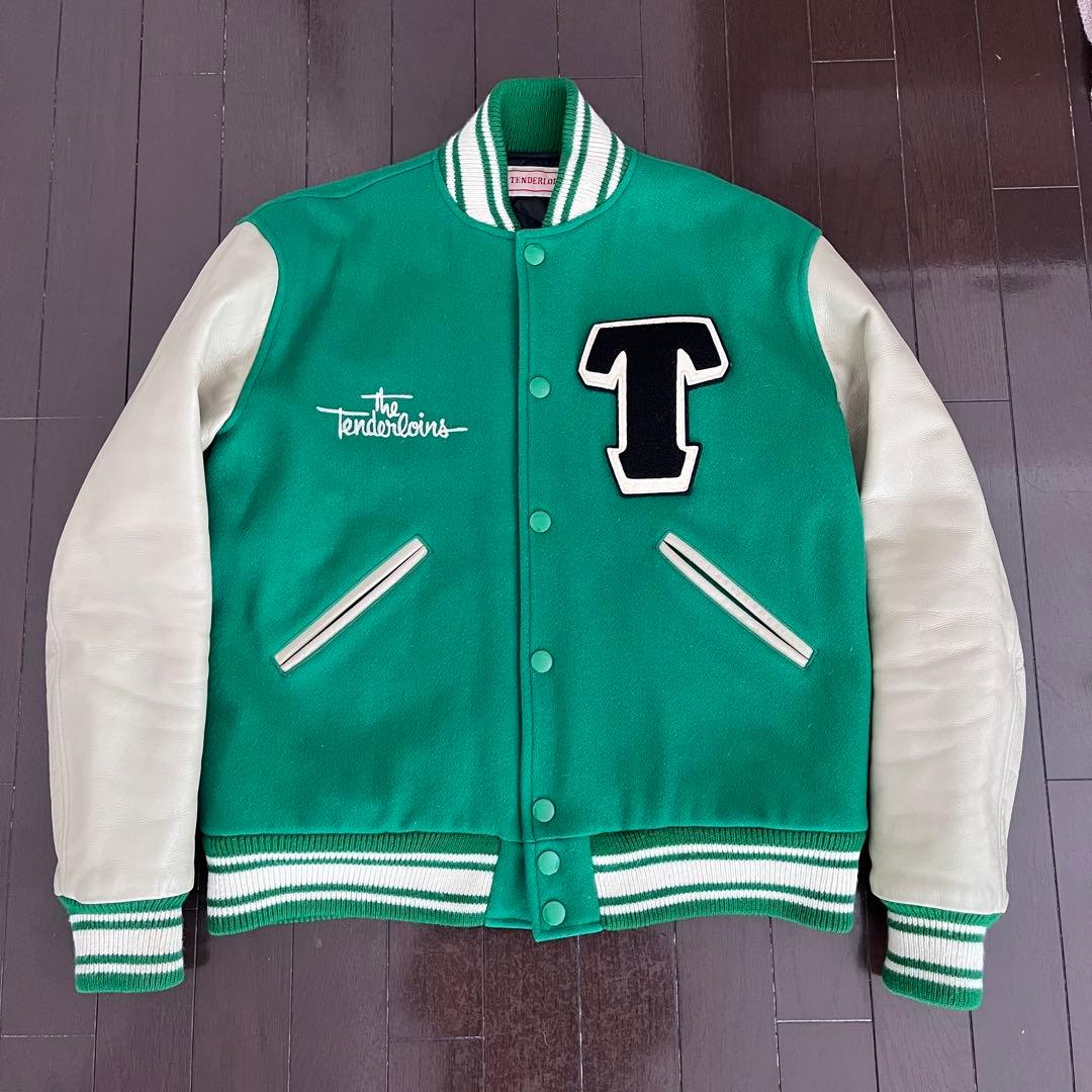 テンダーロイン スタジャン ベースボールジャケット グリーン 袖レザー サイズL
