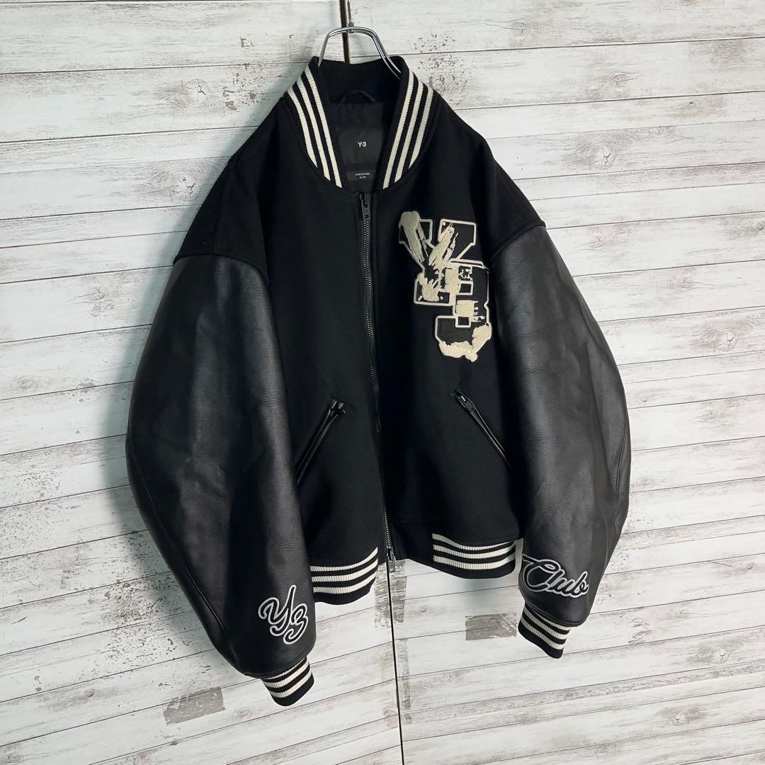 11937【美品・XLサイズ】Y-3 刺繍ロゴレターマンジャケット　スタジャン黒