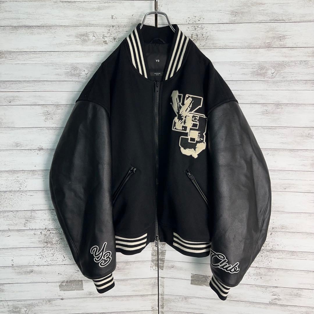 11937【美品・XLサイズ】Y-3 刺繍ロゴレターマンジャケット　スタジャン黒