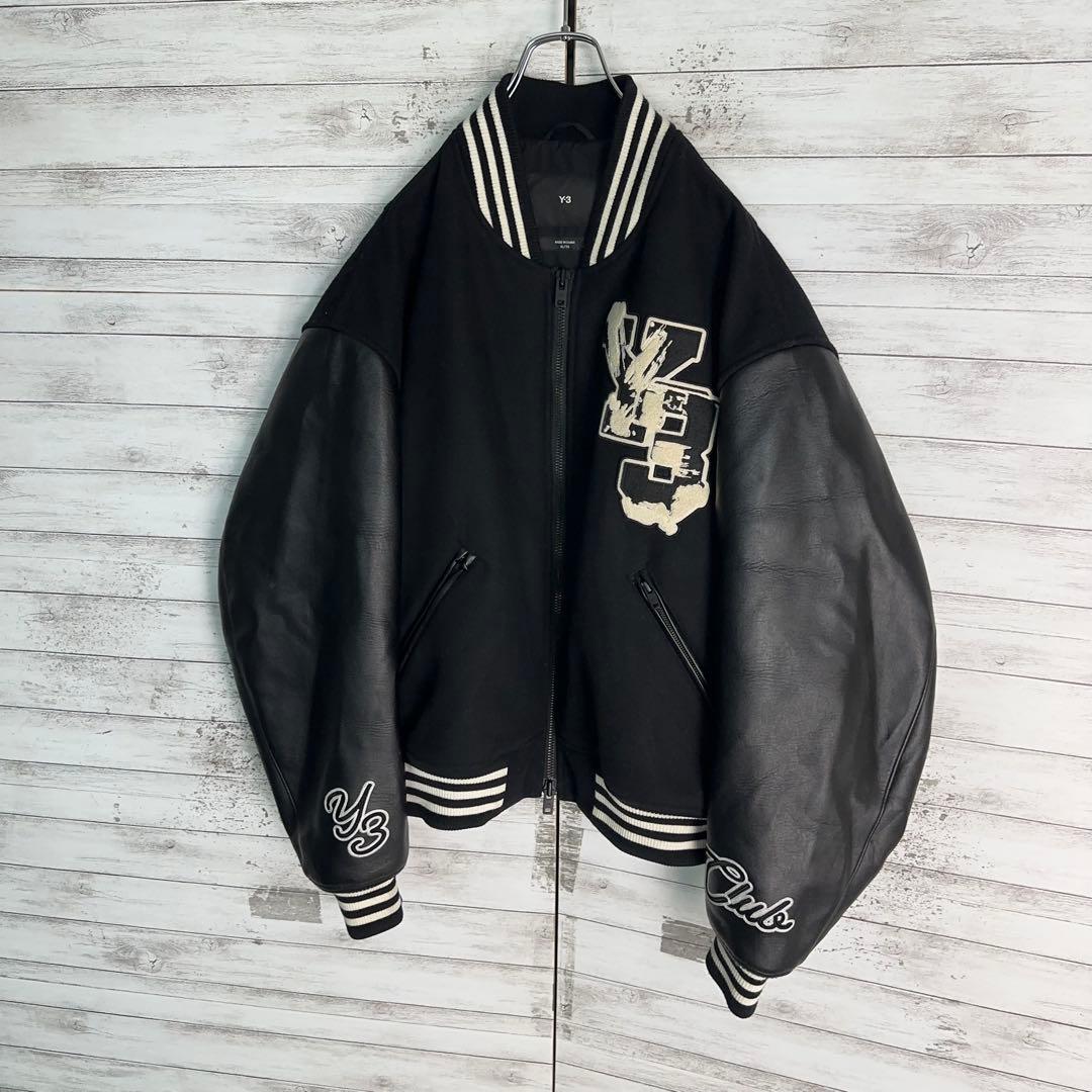 11937【美品・XLサイズ】Y-3 刺繍ロゴレターマンジャケット　スタジャン黒