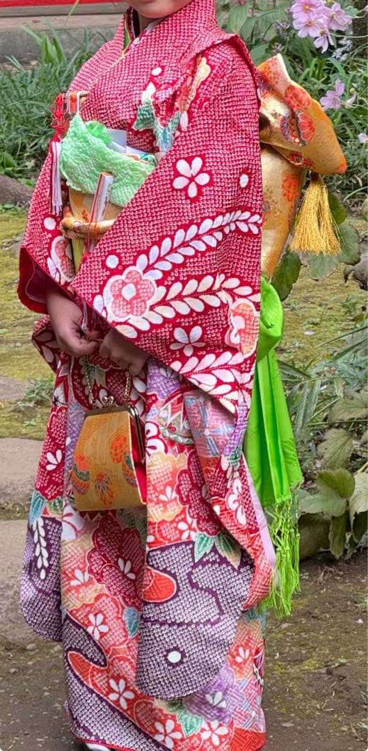 【七五三】本絹 女の子用 7歳 着物セット 豪華赤地 花柄