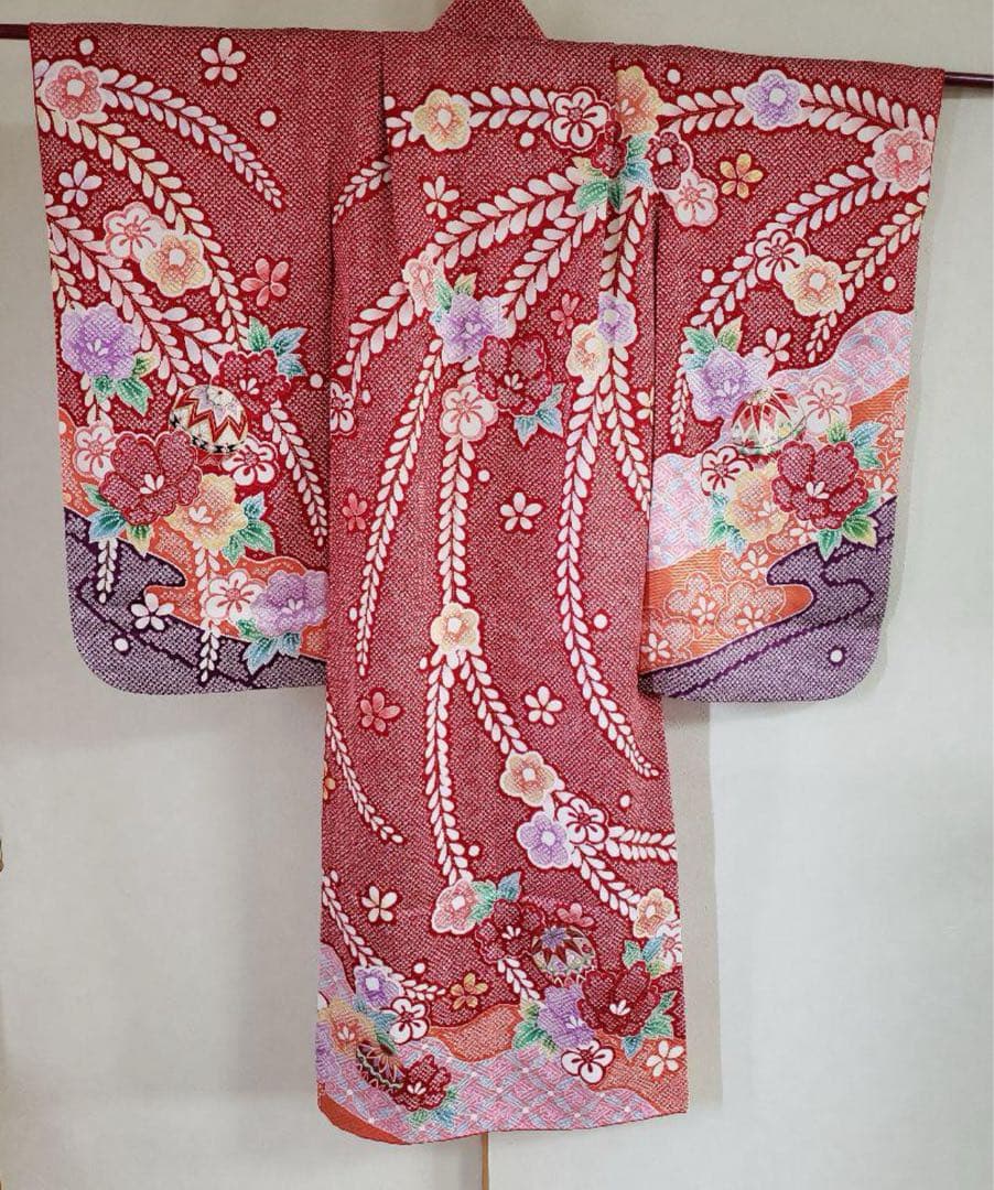 【七五三】本絹 女の子用 7歳 着物セット 豪華赤地 花柄